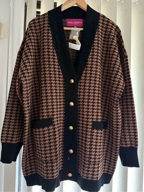 Heidi Merrick Plaid Cardigan Sweater XL NWT Brown Black Gold Buttons